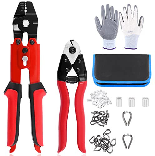 Glarks Lot de 83 outils à sertir pour câble métallique jusqu'à 2,2 mm et coupe-câble, virole à sertir à double barillet en aluminium et cosses de câble en acier inoxydable avec kit d'assortiment