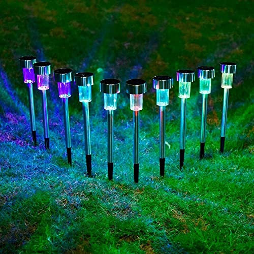 Garden Mile 10pc Stainless Steel Solar Stake Lights Colour Changing Solar Garden Lights Outdoor Waterproof and Durable Driveway Pathway Lighting Ideal Stake Light for Flower Beds Planters Borders