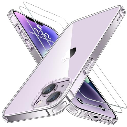 Niphabe Klar Hülle Kompatibel mit iPhone 13 mit 2 Stück Schutzfolie, Nie Vergilbung Hard PC Case Kratzresistente Rückseite Stoßfest Schutzhülle TPU Bumper Phone Durchsichtig Hülle 6,1''(Klar)