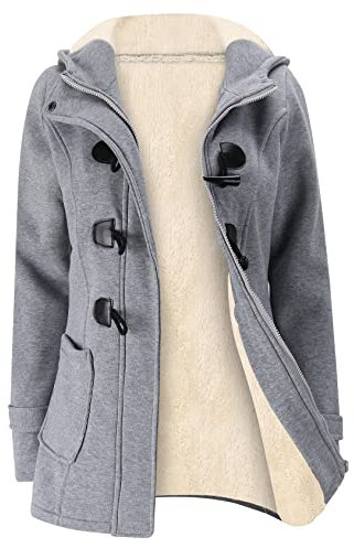 Gihuo Damen Sherpa Gefütterte Jacke Duffle Toggle Coat Fleece Kapuze Winter Warm Jacke Sweatshirt, Lightgrey, XL