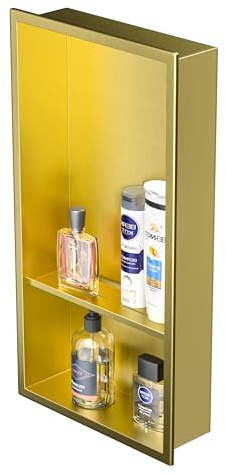 Bernkot Duschnische aus Edelstahl, 30,5 x 61 cm, goldfarben, Keine Fliesen erforderlich, Wandnische, Doppelregale, versenktes Duschregal für Badezimmer, Aufbewahrung, über Montage