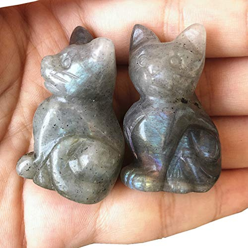 Manekieko 2 Pcs Natürliche Grauer Mondstein Glückliche Katze Kristalle und Heilende Steine Figuren Collectibles,1.5 Zoll Büro Dekor