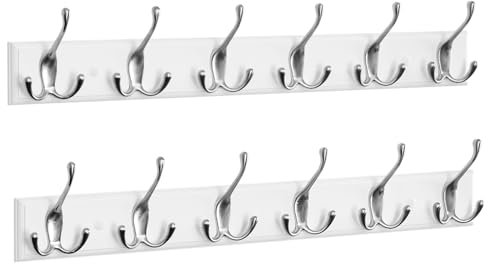 eSituro Garderobenhaken, Garderobenleiste 2 Stücke, Hakenleiste mit 6 Dreifachhaken, Kleiderhaken Wand, Wandhaken Garderobe, Jackenhaken silbern modern, MDF-Platte, Weiß, aus Metall
