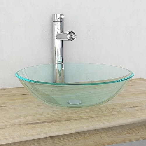 CIADAZ Waschbecken gehärtetes Glas 42 cm transparent, Aufsatzwaschbecken, Bathroom Sink, Waschtisch, Aufsatzbecken, Ablaufgarnitur - 142229