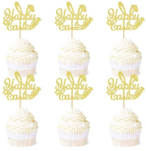 Blumomon Pack of 24 Happy Easter Cake Toppers Yellow Glitter Happy Easter Cupcake Toppers Rabbit Cake Toppers for Easter Party Cake Decorations