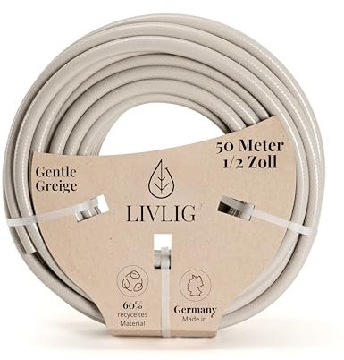 LIVLIG manguera jardín 50 metros, manguera de riego 13mm (1/2 pulgada) Made in Germany, manguera de agua de PVC reciclado, dimensionalmente estable, color: Beige