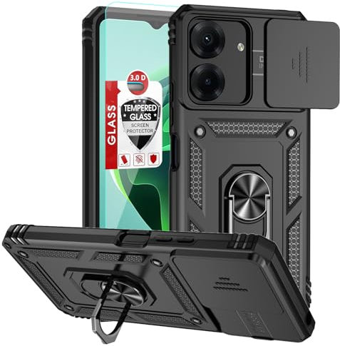 Pemuyak Handyhülle für Xiaomi Redmi 13C Hülle mit 1 Stück Schutzfolie, 360 Grad Ring Ständer Kameraschutz Stoßfest Kratzfest Case Schutzhülle Handyhülle für Redmi 13C Hülle, Schwarz
