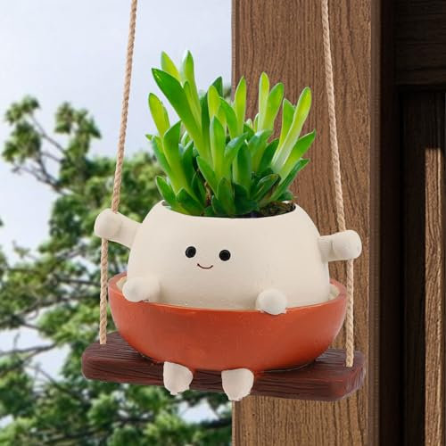Swing Smiley Face Planter Pot Head, Small Hanging Planter for Indoor Outdoor Plants, Cute Hanging Flower Pot for String of Pearls Plant Live, Birthday Gifts, Resin Succulent Planter (Four Hands, S)