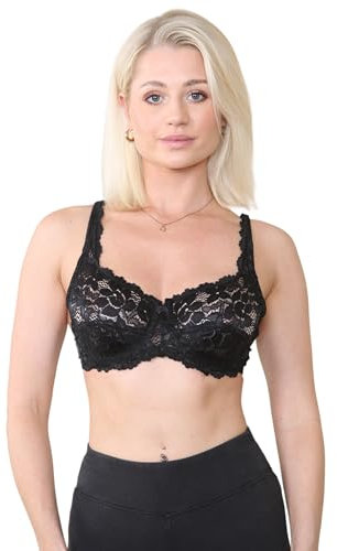 Lacy Balconett Comfy Soft Satin Full Lace Underwired Bra Unpadded Full Cup Size (UK, Cup & Band, 34, C, Black)
