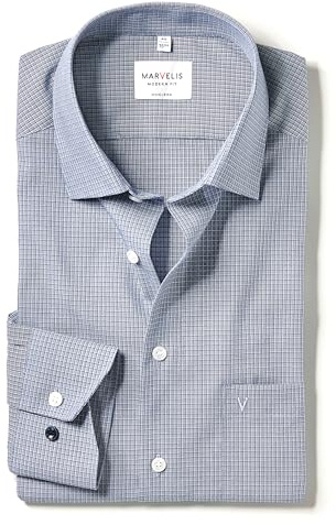 Marvelis Herren Businesshemd Langarm Non-Iron-Modern-Fit,Kariert,New Kent,Marine 18,48