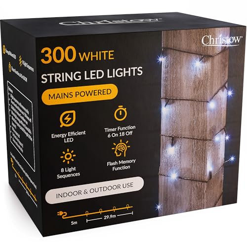 CHRISTOW Christmas Fairy Lights, White LED String Lighting with Timer, Indoor & Outdoor, Tree Lights, Mains Operated, 8 Light Modes Flashing & Static, Green Cable (300 LED / 30m Lit Length)