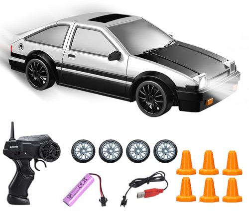 Afenau RC Drift Car, 1:24 Ferngesteuertes Auto Erwachsene mit Beleuchtung, 30km/h, 2,4 GHz, 4WD Rennauto Ferngesteuert, Drift Auto Ferngesteuert für Kinder und Erwachsene ab 6 Jahren (Silber)