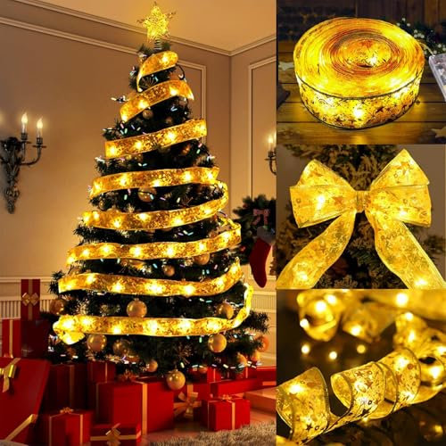 Xinlie Glänzende Band Lichterkette 5m 50 LED Weihnachtsbaum Band Lichter Lichterkette LED für Dekorationen, Party,Hochzeiten und Urlaubsdeko,Gold