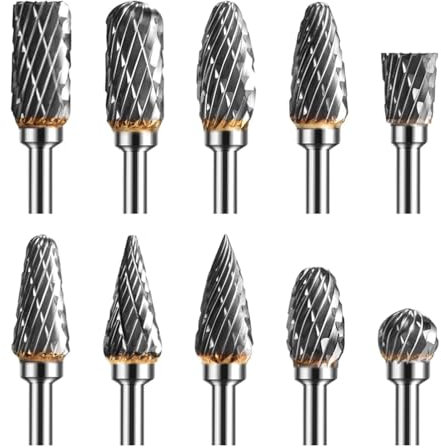 GIONAR 10Pcs Double Cut Tungsten Carbide Burr Set,1/8 Shank Die Grinder Bits, Rotary Tool Bits for Dremel Accessories, Drill Bit Grinder, Wood Carving, Metal Engraving, Polishing, Drilling