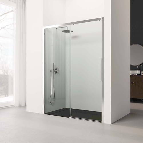 Cabine de Douche Frontale Coulissante Série 300F - Dimensions 126-130x195 Cm - Verre Trempé, Anti-Calcaire- 1 Porte Coulissante Et 1 Fixe De 6 Mm - Profilé Argent Brillant - Réversible - Real Shower