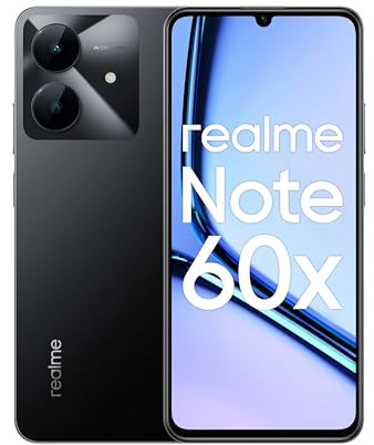 realme Note 60X (3 GB de RAM, 64 GB de almacenamiento) - Pantalla de 6.75 pulgadas y 90 Hz, batería de 5000 mAh, Unisoc T612, cámara de 8 MP, Android 14 | Dual SIM | Vidrio reforzado | Tipo C (negro