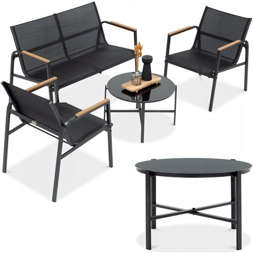 Focus Garden Balkonmöbel Set Mango Gartenmöbel, 4-teilig - Schwarz - 2 Stühle, Tisch und Sofa - Wetterfeste Möbel für Balkon und Terrasse, Metall Outdoor Lounge-Sitzgarnitur