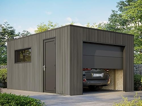 WPC Garage Silverstone – Schieferfarbene Verkleidung – Fläche: 20 m2 – Motorisiertes Sektionaltor – 2 Fernbedienungen – Doppelverglasung