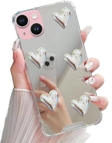Miagon Spiegel Hülle für iPhone 14 Plus,Schutzhülle Nette Silber Chrom 3D Liebe Herz Backcover Überzug Mirror Makeup Handytasche Stoßfeste Protective Bumper