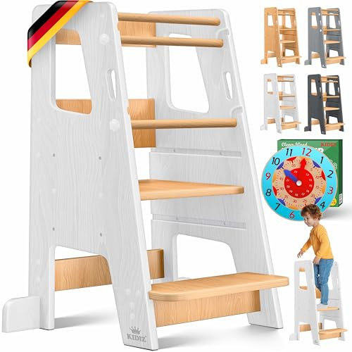 KIDIZ® Lernturm für Kinder ab 1 Jahr inkl. Lernuhr | 3-stufig Höhenverstellbarer Tritthocker aus Kiefernholz | spielerisch motorische Fähigkeiten fördern Montessori Learning Tower bis 50 kg belastbar