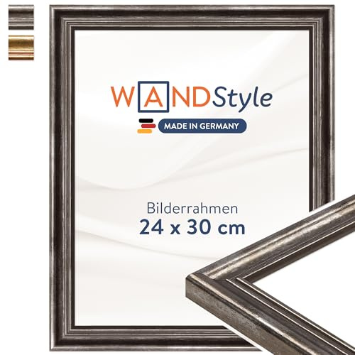 WANDStyle silberner Bilderrahmen 24x30 Holz, Bilderrahmen Silber Vintage | Hochwertiger Holzbilderrahmen Antik, Posterrahmen zum Aufhängen, Rahmen 30x24 cm, Fotorahmen H400 Made in Germany
