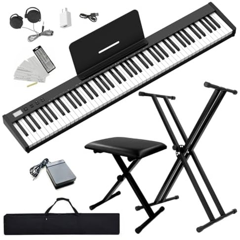 NikoMaku Piano Keyboard 88 Keys with Bench and Stand Semi Weighted Portable Digital Piano for Beginners SWAN-S Black with Headphones, Stickers, Carrying Case