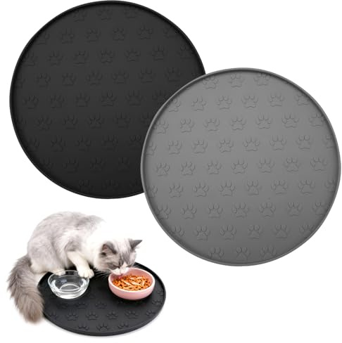 2 Stück Napfunterlage Silikon für Hund Katzen, 27,5cm x 27,5cm, Hundenapf Unterlage, rutschfest, Katzenfutter Unterlage Klein, Napfunterlage Rund mit ErhöHtem Rand, Fressnapf Unterlage Katze