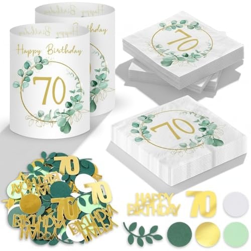 Tischdeko Geburtstag 70 Jahre Alt - 20 Stück Servietten Dekoration,12 Stück Windlicht Tischdeko,100 Stück Eukalyptus Deko Konfetti,Happy Birthday Party Geburtstagsdeko für 70. Geburtstag Frauen Mann