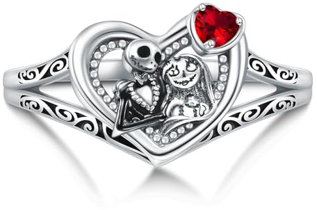 TOUPOP Jack Skellington und Sally Ringe Sterlingsilber Totenkopf Ringe Albtraum Ring Weihnachtsgeschenke, 34, Sterling Silber, Kristall