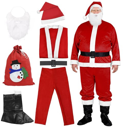 GLOSKIN 7 in 1 Weihnachtsmann Kostüm Set, Nikolaus Kostüm mit Mütze, Bart, Oberteil, Gürtel, Hose, stiefel und Geschenktüte für Weihnachts-Rollenspielpartys, Weihnachtsfeiern, Karneval und Theme