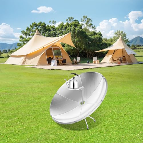 Four solaire parabolique, cuisinière solaire portable, mise au point réglable, haute température 800 à 1 000 °C, puissance thermique de 1000 à 1500 W, roues pour un déplacement facile pour le camping