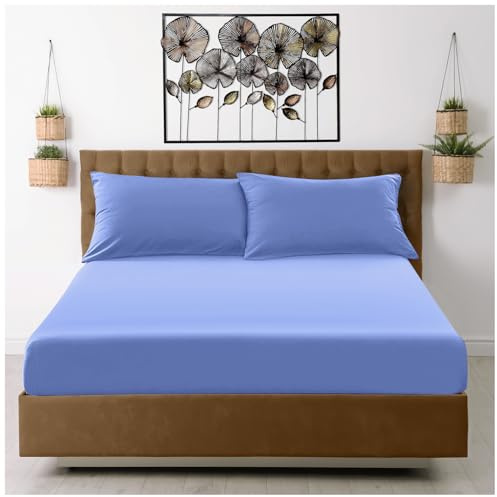 GC GAVENO CAVAILIA Microfiber Fitted Sheet Double - Plain Bed Sheets - Deep Pocket 10 inch (25cm) - Shrinkage, Wrinkle Resistant Bottom Sheet (137x193 cm) - Machine Washable - - Sky Blue