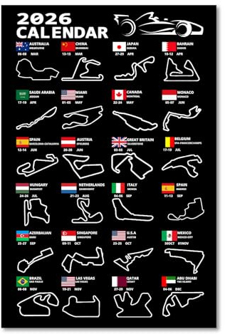 Onperpoe Formel 1 Geschenke F1 Kalender 2026 Poster, F1 Merchandise Leinwand Poster Display Track Layout und Timing Formel 1 Rennkalender Geschenke für Männer Frauen Fans Rennbegeisterte, 30 x 20 cm
