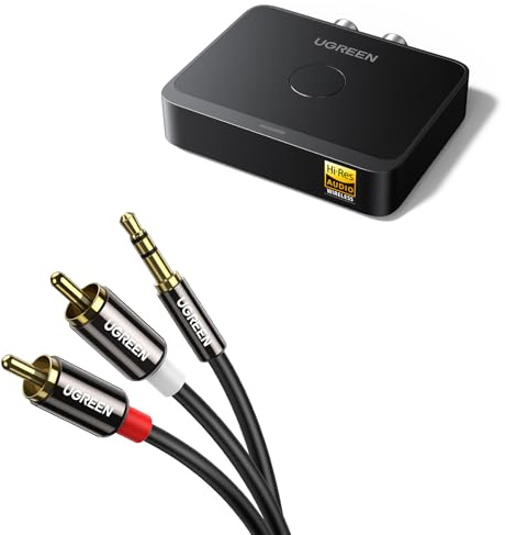 UGREEN Receptor Bluetooth 6.0 LDAC HiFi Baja Latencia Inalámbrico y Cable Jack 3.5mm a 2 RCA Compatible con Teléfono Tablet Altavoz Amplificador