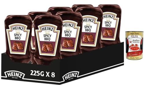 Italian Gourmet Sauce BBQ Épicée (Spicy BBQ) Sauce Barbecue Piquante & Fumée, Parfaite pour Burgers, Viandes Grillées, Ribs, Marinades & Dips, Goût Intense, Squeeze 8 x 225 g + Italian Gourmet Polpa