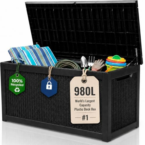 Olsen & Smith 980L XXL Recycled Lockable Garden Storage Box & Bench | 100% Recycled, With Padlock, 250kg Sit-On, Lockable, Waterproof, Rattan-Effect Anthracite, Cushions Tools Toys & Furniture