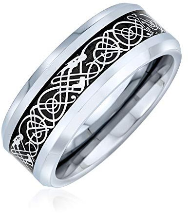 Bling Jewelry Zweifarbig Schwarz Silber Keltischer Knoten Drache Inlay Paare Titanium Hochzeit Band Ringe Für Männer Für Frauen Komfort Fit 8Mm
