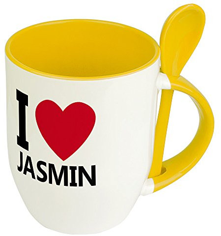 Namenstasse Jasmin - Löffel-Tasse mit Namens-Motiv I Love Jasmin - Becher, Kaffeetasse, Kaffeebecher, Mug - Gelb