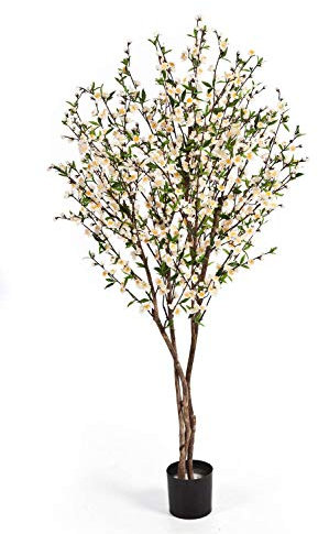 artplants.de Kunst Kirschbaum ZADAR, weiß - gelbe Blüten, 663 grüne Blätter, 140cm - Künstlicher Kirschbaum - Deko Baum