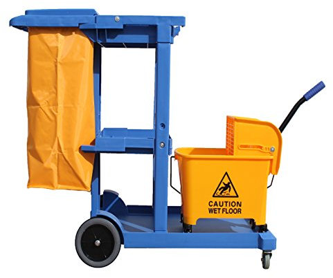 Professioneller Reinigungswagen Kunststoff mit drei Fächern, 100 Lt. Vinyltasche mit Deckel und einfachem Ablauf 25 Lt. Abmessungen 120x52x96 cm. (L x F x A)