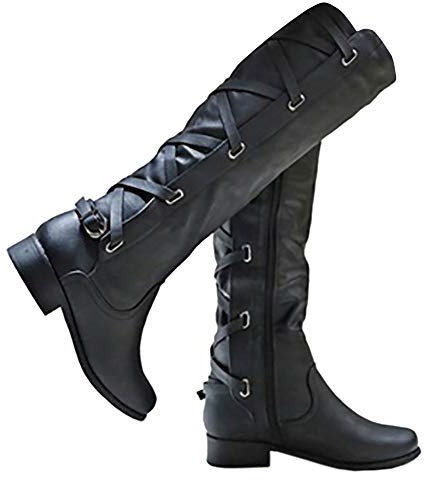 Syktkmx Damen-Motorradstiefel, kniehohe Stiefel, Winter, Schnürung, Reiten, flacher niedriger Absatz, 1-schwarz, 38.5 EU