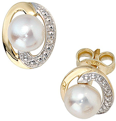 Jobo Damen-Ohrstecker aus 14 Karat 585 Gold mit Perlen und 2 Diamanten