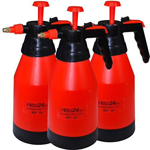 Helo 3 Stück H2' Drucksprüher mit 1,5 Liter Volumen und 1 Bar Pumpdruck, Garten Pumpsprüher Drucksprühflasche aus PE mit Verstellbarer Düse aus Messing und chemikalienbeständigen Dichtungen