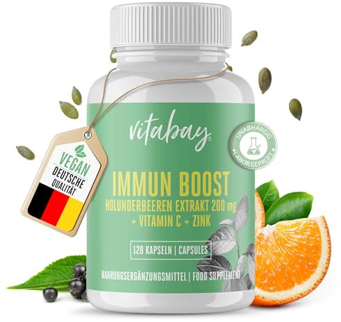 Vitabay Immun Boost - mit Holunderbeeren Extrakt 200 mg, Vitamin C und Zink • 120 vegane Kapseln