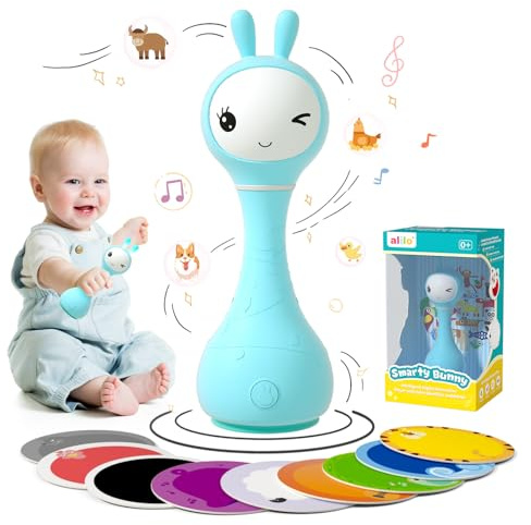 alilo Smarty Bunny Rattle Baby Toys Multi-Sensory Musical Montessori Toys,0-3-6-12-18-24 Months 1 Year Old boy/Girl Gifts，Baby Teething Toys,4 Different Modes and Color Recognition Function