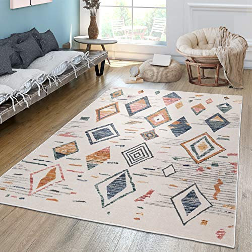 TT Home Wohnzimmer Teppich Kurzflor Skandi Ethno Design Abstrakt Farbenfroh Pastell, Farbe:Bunt, Größe:80x150 cm