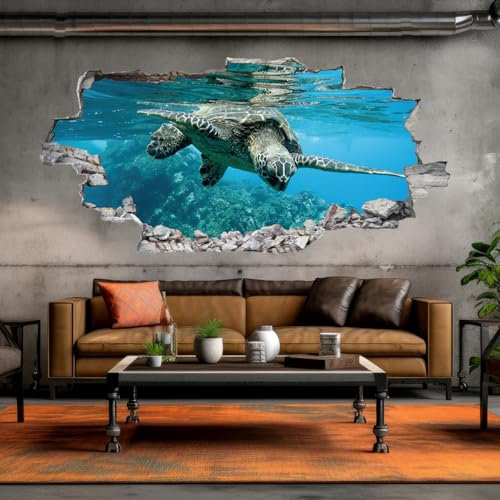 tjapalo® vr30 wandtattoo wanddurchbruch 3d Wandtattoo Wand durchburch Meer Deko Wohnzimmer Wandtattoo Schildkröte Meeresschildkröte, Größe: B58xH27cm