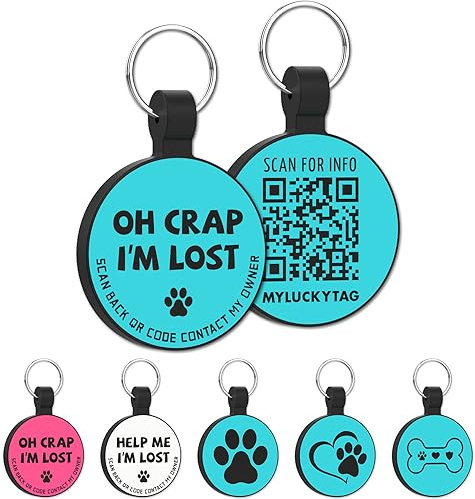 MYLUCKYTAG ID de silicona silenciosa para mascotas con código QR | Etiqueta personalizada para collar de perro y gato | Perfil en línea | Correo electrónico de alerta de ubicación escaneado | Ligero e