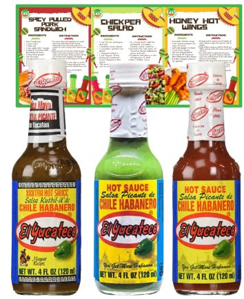 Go2 Groceries El paquete de salsa picante de chile contiene El Yucateco Green Habanero, Salsa Kutbil-ik-de XXXTRA Hot y Habanero Rojo (120 ml cada uno) con tarjetas de recetas