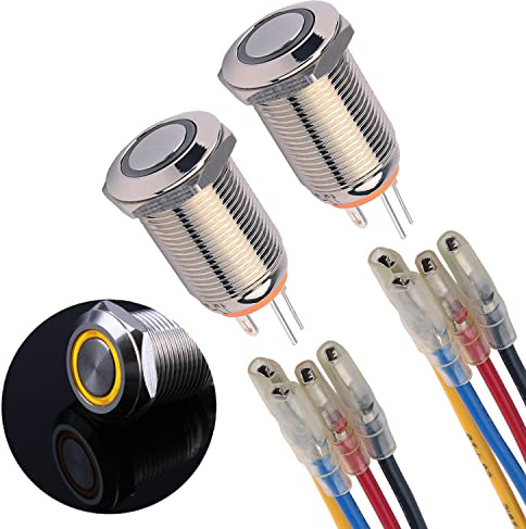 JIQI 2 × 12 mm Interruptor de botón pulsador de enclavamiento de metal 12V a 24V IP66 1NO 2A con luz LED Botón pulsador impermeable con Enchufe de Cable, para barco Camión RV Coche (Amarillo)